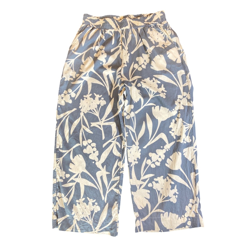 Emerson‎ Rose Blue Floral Linen Blend Wide Leg Cropped Pants Large